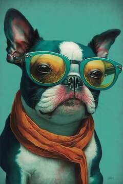 A Boston Terrier dog wearing glasses, digital watercolor style with bright colors. Generative AI.