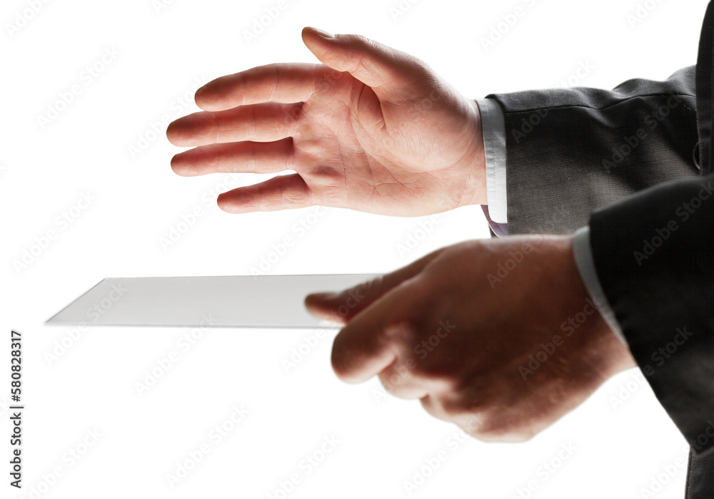 Poster Businessman hand holds virtual panel