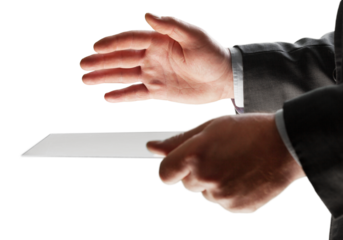 Businessman hand holds virtual panel