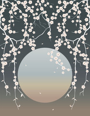 Romantic watercolor graphic spring card with white sakura flowers on dawn background