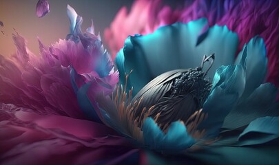  a colorful flower with a butterfly on it's back end in the middle of the image, with a dark background and a pink, blue, purple, pink, and blue flower.  generative ai