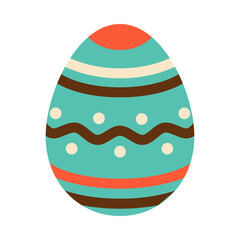 Easter green egg with lines, dots and wave. Egg hunt. Easter tradition. Green egg with brown and red ornament in flat design.
