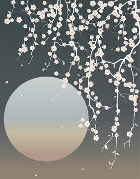 Romantic watercolor graphic spring wallpaper with white sakura flowers on the night sky and moon