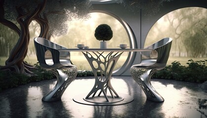 Fototapeta na wymiar Futuristic chrome modern terrace with table and chairs next to the garden for the perfect breakfast location