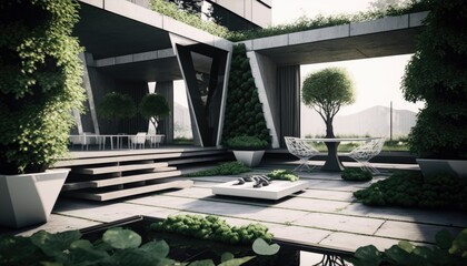 Futuristic chrome modern terrace with table and chairs next to the garden for the perfect breakfast location