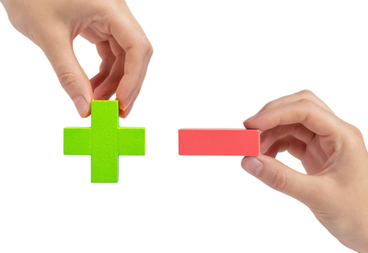 Plus vs minus concept. Positive and negative comparison. Good and bad comparing