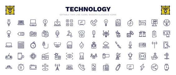 set of technology thin line icons. technology outline icons such as wireless lighting, open laptop, recording, electric socket on fire, domestic, camera flash, half hour, circular database, smart