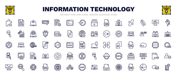 set of information technology thin line icons. information technology outline icons such as addon, simulation, seo funnel, code listing, cross-platform, authorize, seo configuration, cloud storage,