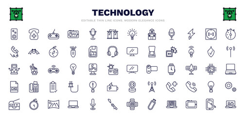 Fototapeta na wymiar set of technology thin line icons. technology outline icons such as sound box, antique gamepad, teletransportation, round socket, electric socket on fire, lcd screen, big light bulb, panoramic,