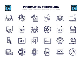 set of information technology thin line icons. information technology outline icons such as jsx, seo growth, program error, php, html, 404 error, api, error, xml, authorize vector.