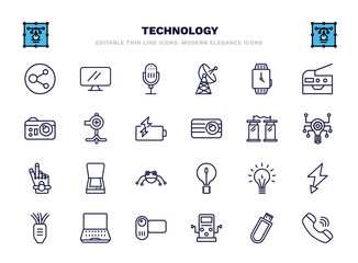 set of technology thin line icons. technology outline icons such as circular database, radio microphone, smart watch, pitching hine, teletransportation, scanner with cover, light on, open laptop,