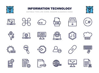 set of information technology thin line icons. information technology outline icons such as clean code, seo, archive, software, js, seo keywords, hyperlink, compiler, www, bug report vector.