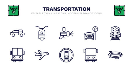 set of transportation thin line icons. transportation outline icons such as scooter bike, car painting, car parking, diesel train, public transport, public transport, planes, tram stop label, public