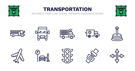 set of transportation thin line icons. transportation outline icons such as van front view, prison bus, carrier, gearshift, air transport, air transport, parking men, car traffic, seatbelt, movement