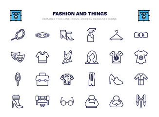 Fototapeta premium set of fashion and things thin line icons. fashion and things outline icons such as tasbih, woman boots, clothing hanger, safety shirt, t shirt with flowers, office briefcase, hell, boxing ring,