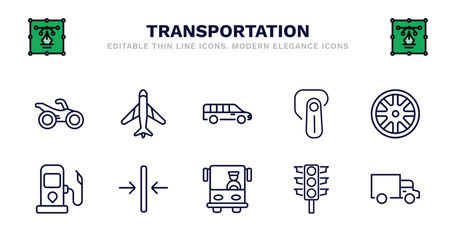 set of transportation thin line icons. transportation outline icons such as airplane pointing up, long car, hands free device, alloy wheel, petrol station, petrol station, slim, bus front with