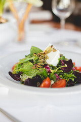 Green vegan salad with mixed green leaves and vegetables