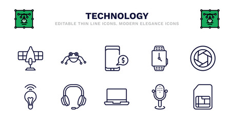 set of technology thin line icons. technology outline icons such as robot insect, receive money message, smart watch, camera shutter, wireless lighting, wireless lighting, big headphones, laptop