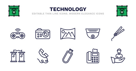 set of technology thin line icons. technology outline icons such as photograph camera, panoramic, security cam, hairdressing tools, teletransportation, teletransportation, phone with wire, inclined