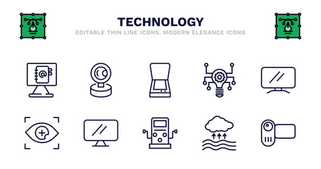 set of technology thin line icons. technology outline icons such as front webcam, scanner with cover, technology, lcd screen, contact lens, contact lens, simple screen, dialysis, evaporation, video