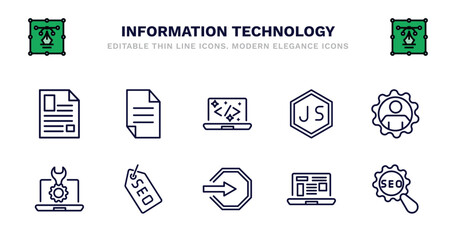 set of information technology thin line icons. information technology outline icons such as page, clean code, js, seo management, seo tools, seo tools, tags, login, program interface, configuration