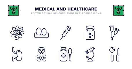 set of medical and healthcare thin line icons. medical and healthcare outline icons such as canine, syringe with medicine, cure, crutches couple, esophagus, esophagus, dead, syrup medicine bottle,