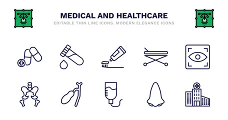 set of medical and healthcare thin line icons. medical and healthcare outline icons such as blood analysis, brush with tooth paste, hospital bed side view, eye scanner medical, pelvic area, pelvic