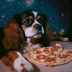 American Cocker Spaniel dog eating pizza in space background, AI generated illustration