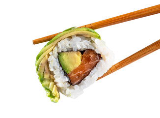 Sushi roll in chopsticks