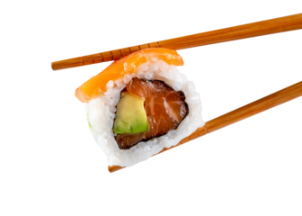 Sushi roll in chopsticks