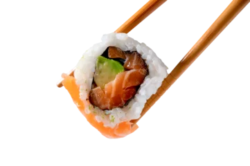 Selbstklebende Fototapeten Sushi roll in chopsticks © Miquel