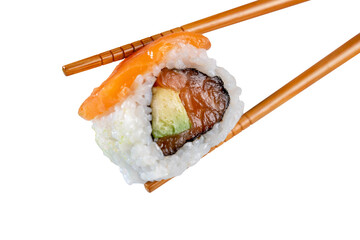 Sushi roll in chopsticks © Miquel