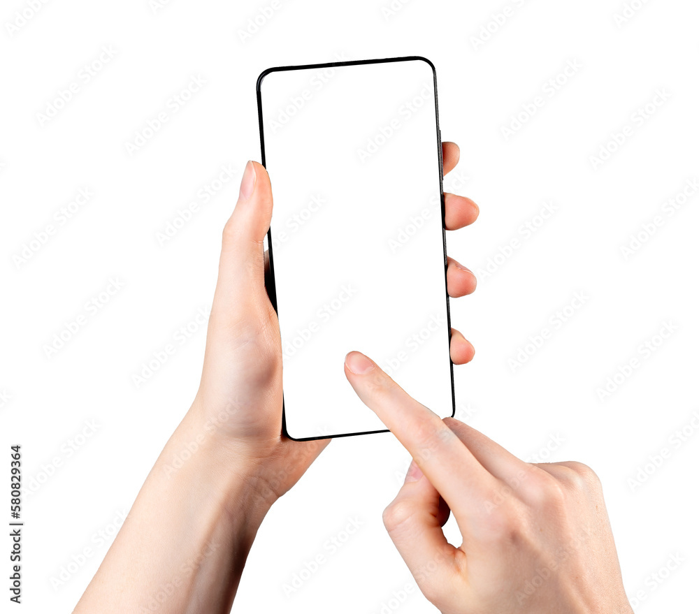 Poster finger tapping on blank mobile phone screen, smartphone display mockup isolated on white background