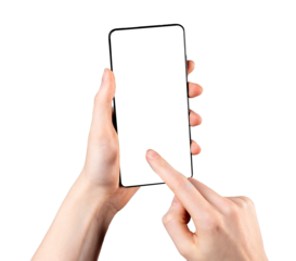 Finger tapping on blank mobile phone screen, smartphone display mockup isolated on white background