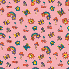 Retro seamless patterns, groovy hippie backgrounds. Cartoon funky print with butterflies, sun, rainbow, flowers, mushrooms.	
