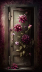  a painting of a door with pink flowers on the door and a purple background with a pink flower on the door and a purple background.  generative ai