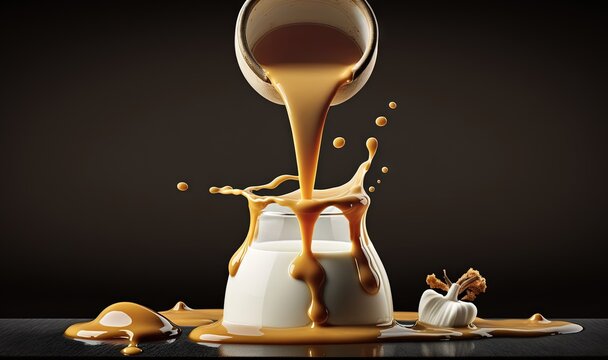 a caramel colored liquid pouring into a glass container with a spoon on a table with a black background and a white pumpkin on the side.  generative ai