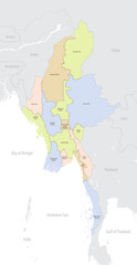 Detailed map of Myanmar with administrative divisions and borders of neighboring countries, vector illustration on white background