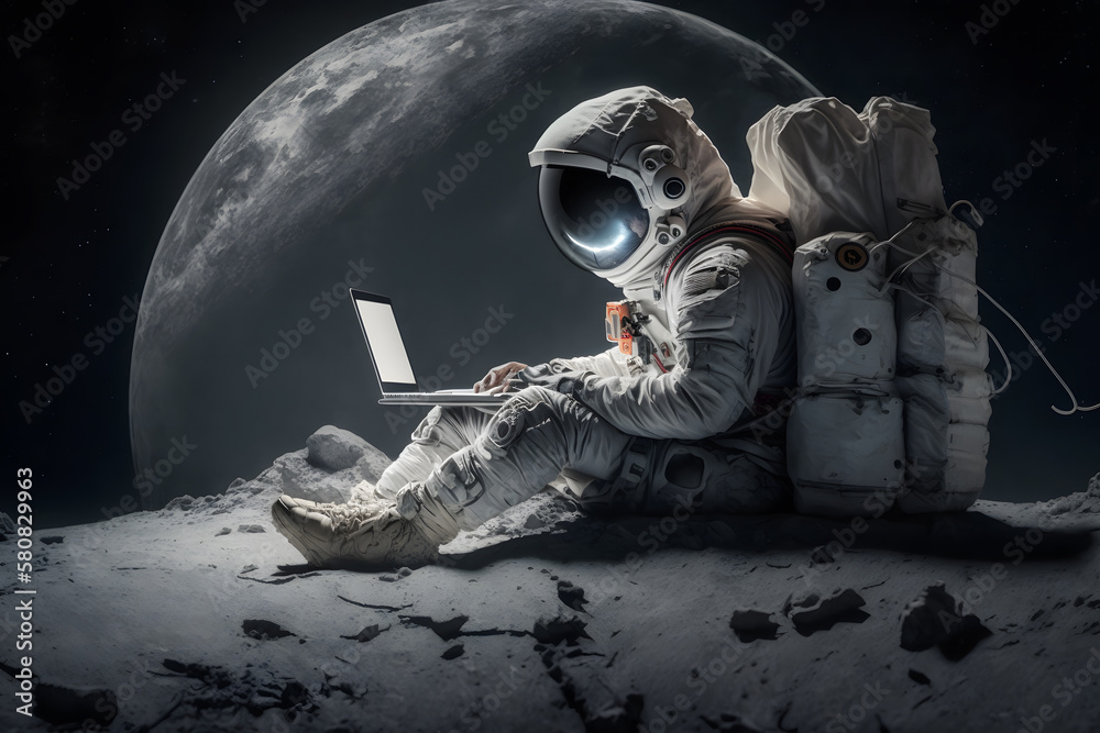 Wall mural astronaut in outer space working on a laptop. neural network ai generated art