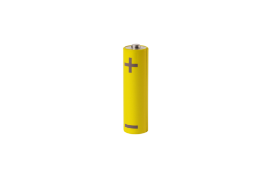 AA battery, yellow cylinder alkaline charge with plus and minus isolated on white background