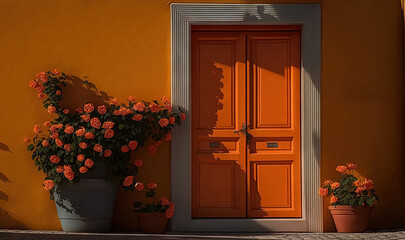  an orange door with a potted plant next to it and a sign that says cafe cincono on the side of the building.  generative ai