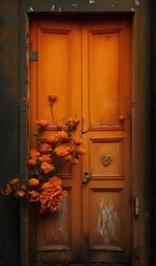 Fototapeta na wymiar an orange door with a bunch of flowers on the side of it and a vase of flowers in front of the door and a brick wall. generative ai