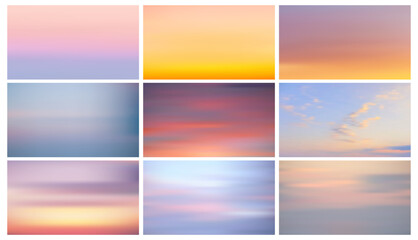 Set of colors of sky in early morning. Collection of sunset sky as background. Template orange and blue sunset sky gradient, copy space background. Vector red evening sky without clouds.