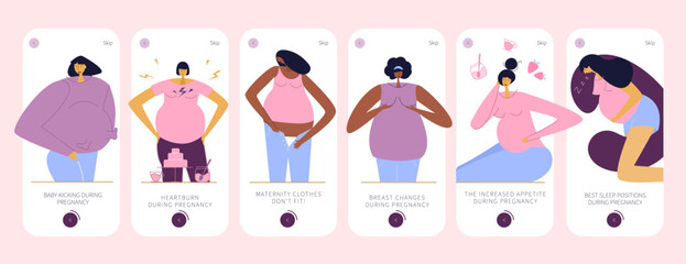 The app design with pregnancy symptoms. She has got INCREASED APPETITE, Weight gain, BABY KICKING, Changes breasts, Heartburn DURING PREGNANCY.  Good for mobile stories, UI UX design.