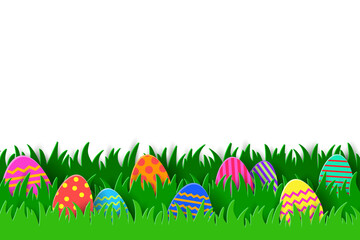 Design with Easter eggs hidden in the grass. Transparent background with paper cut decorations. PNG illustration