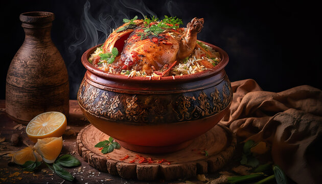 Chicken Dum Biryani in traditional handi, generative AI