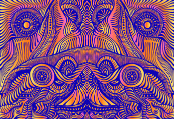 Motley symmetrical hippie trippy psychedelic abstract pattern with intricate wavy ornaments, bright neon multicolor color texture.