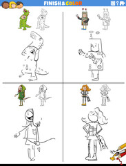 drawing and coloring worksheets set with children in costumes