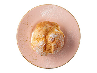 Cream puff, pastry from choux covered  sugar powder pink vintage plate isolated on white...
