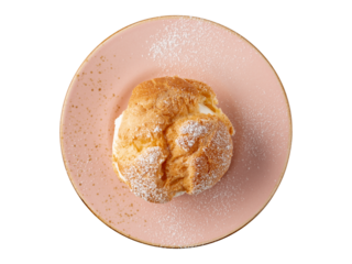 Cream puff, pastry from choux covered  sugar powder pink vintage plate isolated on white background. Sweet dessert for coffee break or party.